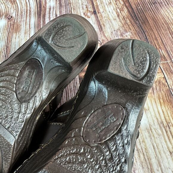 Born Womens Sz 8 Brown Leather Open Toe Slip On Shoes Block Heel Sandals Buckle - Picture 9 of 10